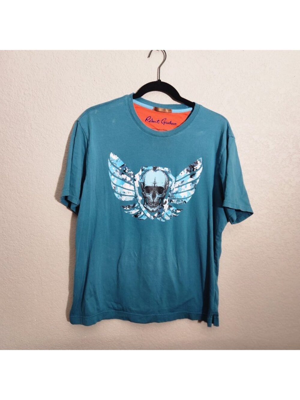 Robert Graham T-Shirt  Mens Graphic L Blue Skull Winged Cotton Crewneck